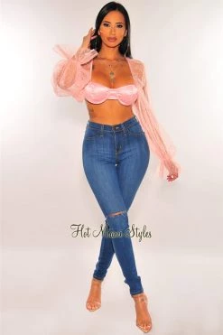 Orange Shine Blush Polka Dot Mesh Underwire Long Sleeves Bustier Crop Top Just In