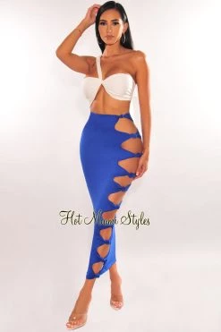 Dexire Royal Blue High Waist Cut Out Knotted Slit Skirt Just In