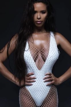 Elan International Just In White Fishnet Silver Rhinestone Cover Up Dress