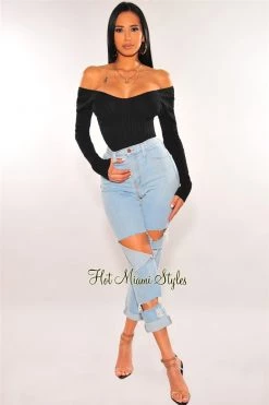 Glamazon Just In Black Ribbed Knit Off Shoulder Long Sleeves Bodysuit