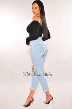 Glamazon Just In Black Ribbed Knit Off Shoulder Long Sleeves Bodysuit