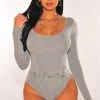 Glamazon HMS Essential: Gray Ribbed Knit Faux Bustier Long Sleeves Bodysuit