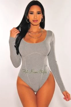 Glamazon HMS Essential: Gray Ribbed Knit Faux Bustier Long Sleeves Bodysuit