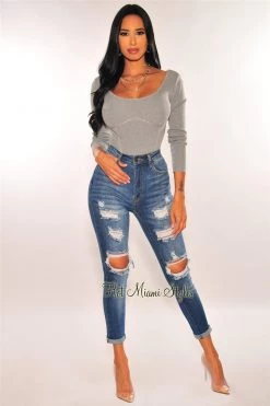 Glamazon HMS Essential: Gray Ribbed Knit Faux Bustier Long Sleeves Bodysuit