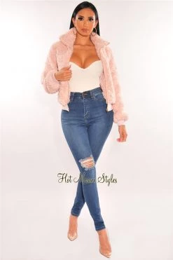 Vendor-unknown Pink Fuzzy Collared Zipper Cropped Jacket Just In