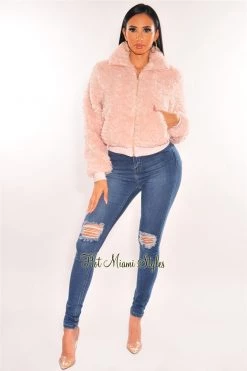 Vendor-unknown Pink Fuzzy Collared Zipper Cropped Jacket Just In