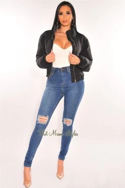 Vendor-unknown Black Puffer Bomber Zipper Cropped Jacket