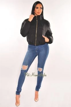 Vendor-unknown Black Puffer Bomber Zipper Cropped Jacket