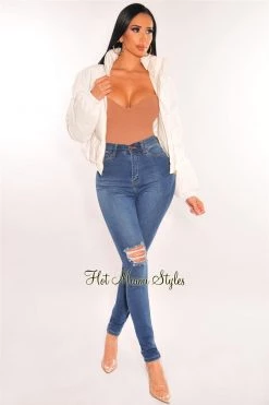 Vendor-unknown White Puffer Bomber Zipper Cropped Jacket Just In