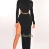 Vendor-unknown Just In Black Ribbed Knit Mock Neck Gold Chain Belted Slit Midi Dress