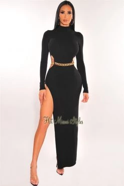 Vendor-unknown Just In Black Ribbed Knit Mock Neck Gold Chain Belted Slit Midi Dress