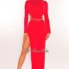 Vendor-unknown Red Ribbed Knit Mock Neck Gold Chain Belted Slit Midi Dress Just In