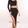 Vendor-unknown Black Ribbed Knit One Sleeve Cut Out Slit Maxi Dress
