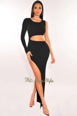 Vendor-unknown Black Ribbed Knit One Sleeve Cut Out Slit Maxi Dress