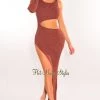 Vendor-unknown Chocolate Ribbed Knit One Sleeve Cut Out Slit Maxi Dress