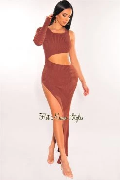 Vendor-unknown Chocolate Ribbed Knit One Sleeve Cut Out Slit Maxi Dress