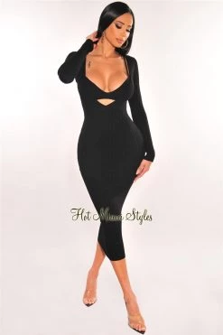 Elan International Just In Black Ribbed Knit Plunge Neck Long Sleeve Midi Dress + Bralette