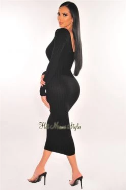 Elan International Just In Black Ribbed Knit Plunge Neck Long Sleeve Midi Dress + Bralette
