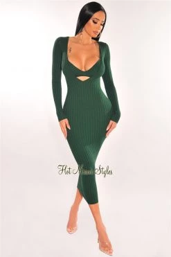 Elan International Hunter Green Ribbed Knit Plunge Neck Long Sleeve Midi Dress + Bralette
