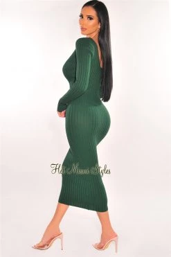 Elan International Hunter Green Ribbed Knit Plunge Neck Long Sleeve Midi Dress + Bralette