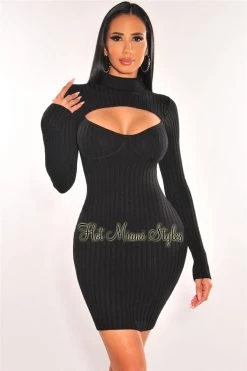 Elan International Black Ribbed Knit Turtle Neck Long Sleeve Cut Out Dress Just In