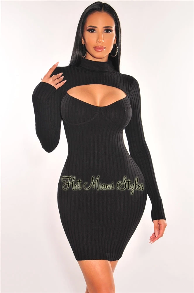 Elan International Black Ribbed Knit Turtle Neck Long Sleeve Cut Out Dress Just In