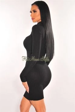Elan International Black Ribbed Knit Turtle Neck Long Sleeve Cut Out Dress Just In