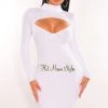 Elan International Just In White Ribbed Knit Turtle Neck Long Sleeve Cut Out Dress