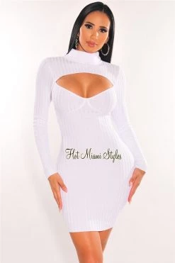 Elan International Just In White Ribbed Knit Turtle Neck Long Sleeve Cut Out Dress
