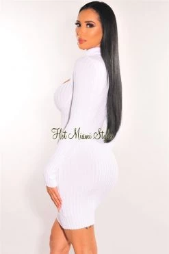 Elan International Just In White Ribbed Knit Turtle Neck Long Sleeve Cut Out Dress