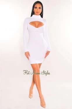 Elan International Just In White Ribbed Knit Turtle Neck Long Sleeve Cut Out Dress