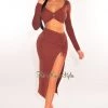 Vendor-unknown Chocolate Ribbed Knit Long Sleeve Ruched Slit Skirt Two Piece Set