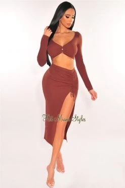 Vendor-unknown Chocolate Ribbed Knit Long Sleeve Ruched Slit Skirt Two Piece Set
