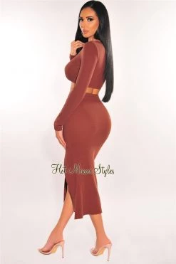 Vendor-unknown Chocolate Ribbed Knit Long Sleeve Ruched Slit Skirt Two Piece Set