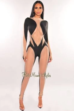 QUEEN MANIA... Black Mock Neck Nude Sheer Mesh Long Sleeve Jumpsuit Just In