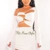 Dexire Just In White One Shoulder Long Sleeve Drawstring Cut Out Ruched Dress