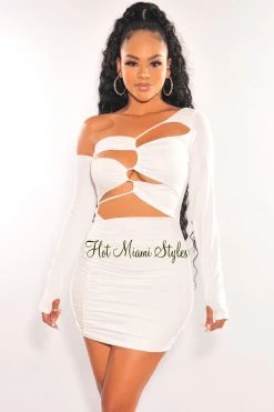 Dexire Just In White One Shoulder Long Sleeve Drawstring Cut Out Ruched Dress