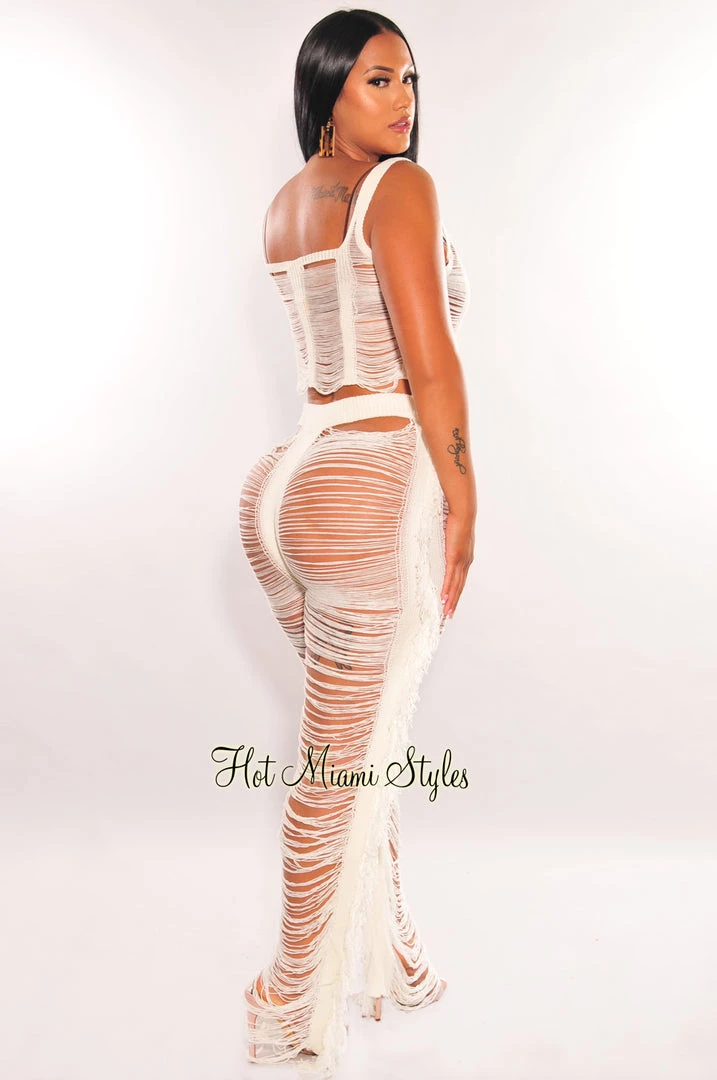 No 1 White Sleeveless Ladder Cut Fringe Pants Two Piece Set Sets