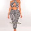 GOODTIME USA Black White Houndstooth Halter Cut Out Drawstring Ruched Dress