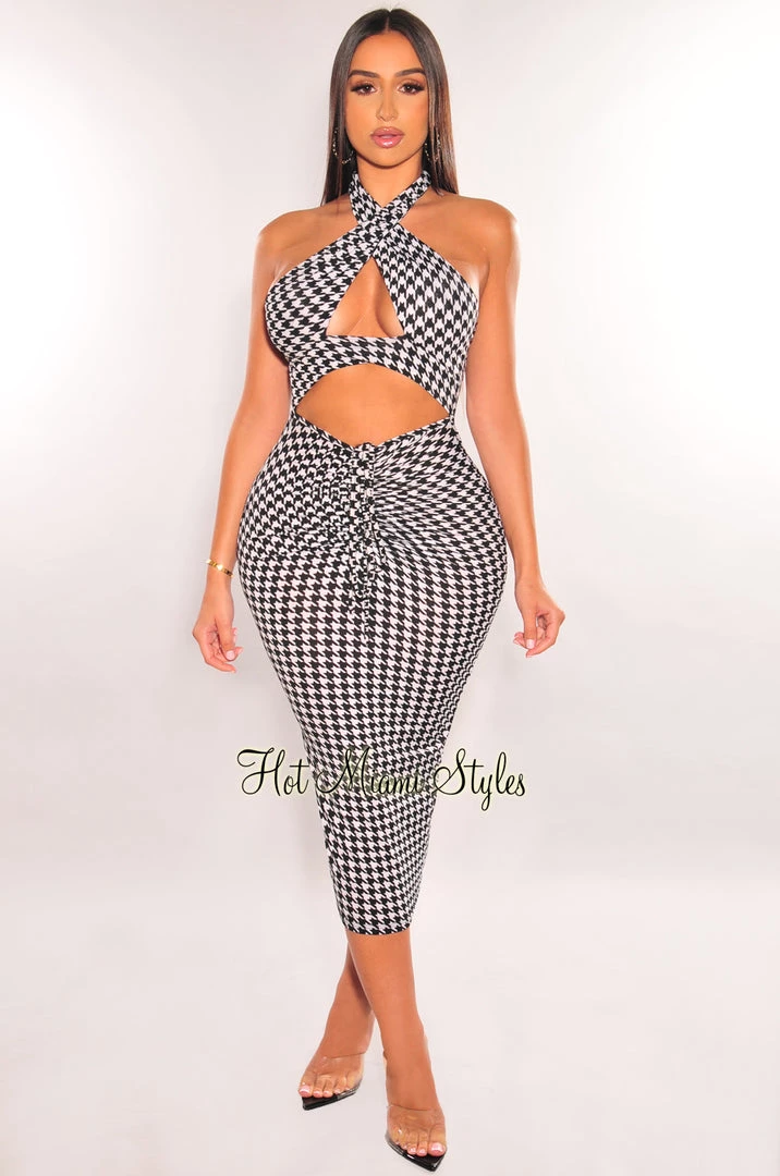 GOODTIME USA Black White Houndstooth Halter Cut Out Drawstring Ruched Dress