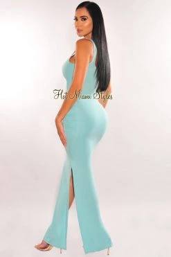 MEEK Dusty Mint Ruched Sides Slit Maxi Dress Just In