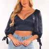 Vendor-unknown Navy Padded Long Sleeve Cut Out Tie Up Back Bustier Crop Top