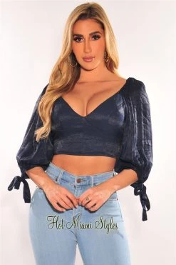 Vendor-unknown Navy Padded Long Sleeve Cut Out Tie Up Back Bustier Crop Top