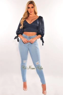 Vendor-unknown Navy Padded Long Sleeve Cut Out Tie Up Back Bustier Crop Top