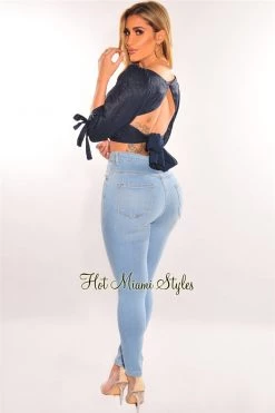 Vendor-unknown Navy Padded Long Sleeve Cut Out Tie Up Back Bustier Crop Top