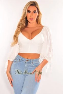 Vendor-unknown Just In White Padded Long Sleeve Cut Out Tie Up Back Bustier Crop Top
