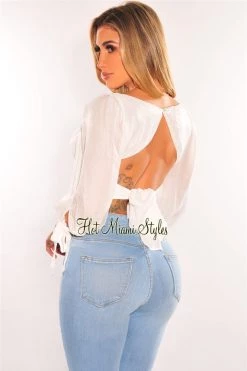 Vendor-unknown Just In White Padded Long Sleeve Cut Out Tie Up Back Bustier Crop Top