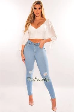 Vendor-unknown Just In White Padded Long Sleeve Cut Out Tie Up Back Bustier Crop Top