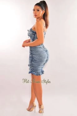 KAYLECOLLECTION Denim Wash Spaghetti Straps Ruched Cut Out Ruffle Dress