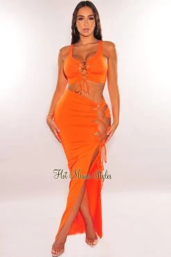 K-too Tangerine Sleeveless Lace Up Slit Skirt Two Piece Set